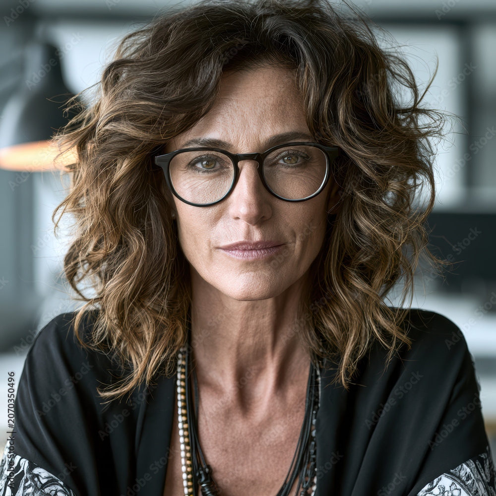 Obraz premium Confident middle aged woman with curly brown hair, eyeglasses, and necklace in modern office, natural light, professional expression