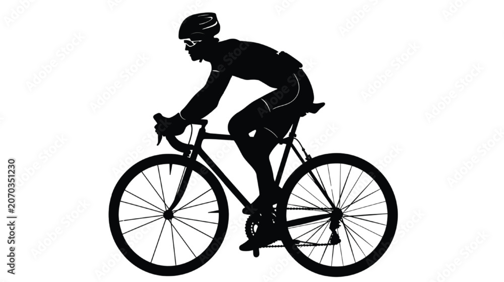 Fototapeta premium Bicyclist silhouette leans into a turn while riding a road bike to illustrate competitive cycling events and modern aerobic exercise routines.