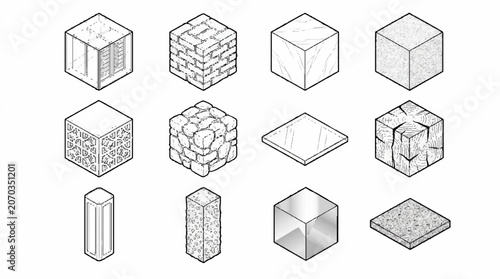 Isometric line art collection of various building blocks and textured cubes for game design.