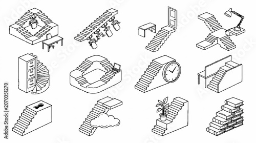 Isometric line art collection of surreal office furniture and impossible staircases concept.