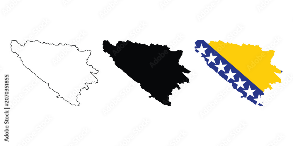 Fototapeta premium Bosnia and Herzegovina Map Outline, Silhouette, and Flag Illustration Set. Template Europe creative state flag for design, illustration.