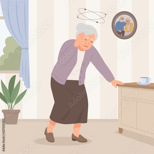 Elderly wman suffering from dizziness and vertigo, unsteady standing posture. Woman with closed eyes holds his hand on head, stars spin around his head. Vector Illustration