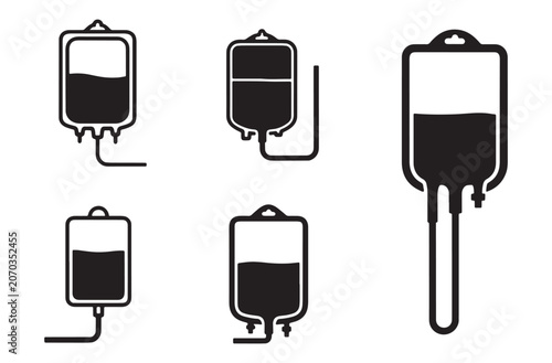 Fotografie Group of five black icons representing medical IV bags filled with liquid, used for fluid replacement and treatment