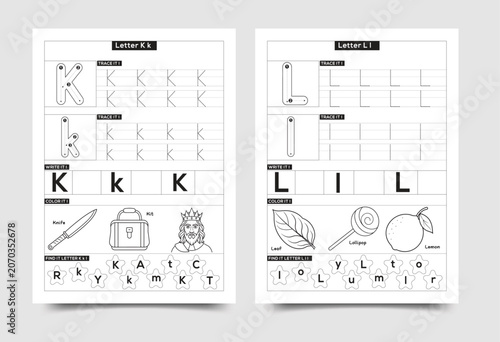 Alphabet tracing worksheet for preschoolers letters k and l with alphabet worksheet preschool education learning practice exercise