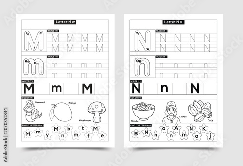 Alphabet tracing worksheet for preschoolers letters m and n with alphabet worksheet preschool education learning practice exercise