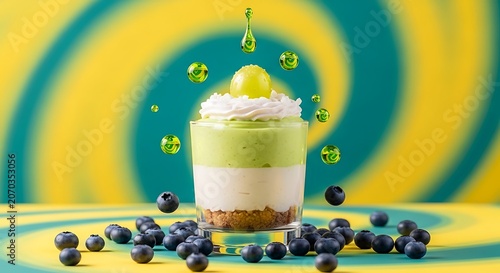 Lime Cheesecake with Blueberries on Yellow Green Background