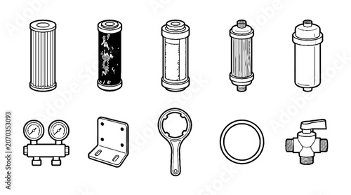 Collection of water filtration system components and plumbing tools in line art style.