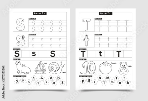 Alphabet tracing worksheet for preschoolers letters s and t with alphabet worksheet preschool education learning practice exercise