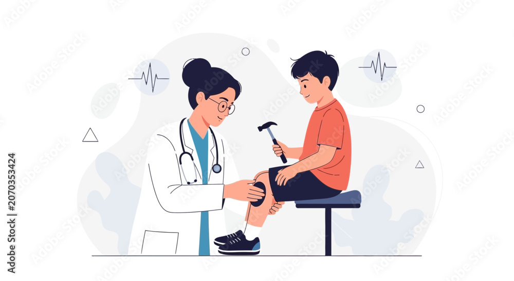 Obraz premium Doctor examines child's knee reflex with reflex hammer in a modern flat illustration style.