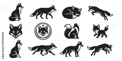 Obraz na plátně Set of black fox silhouettes showing diverse action poses and detailed fox heads