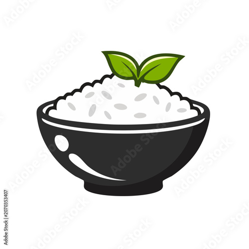 Black bowl of white rice with green leaf illustration