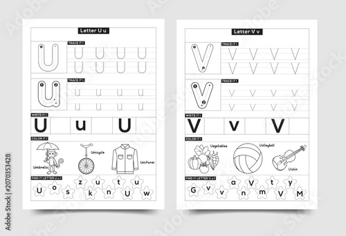 Alphabet tracing worksheet for preschoolers letters u and v with alphabet worksheet preschool education learning practice exercise