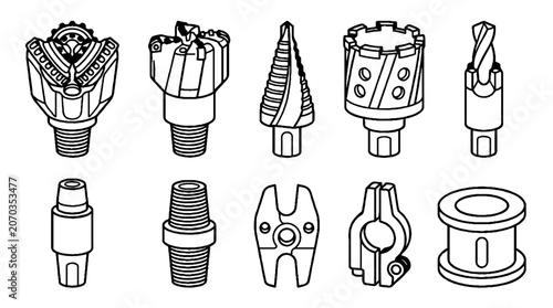 Industrial Drill Bits and Boring Equipment Line Art Illustration Set.