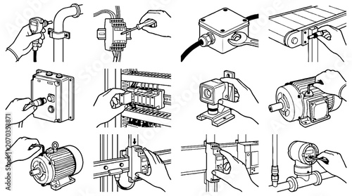 Industrial Electrical Maintenance and Mechanical Repair Illustration Set with Hands and Tools.