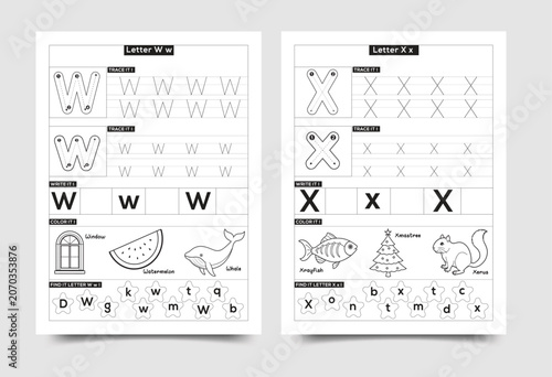 Alphabet tracing worksheet for preschoolers letters w and x with alphabet worksheet preschool education learning practice exercise
