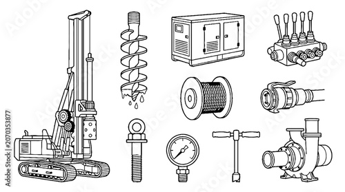 Industrial Drilling Equipment and Heavy Machinery Parts Line Art Illustration Set.