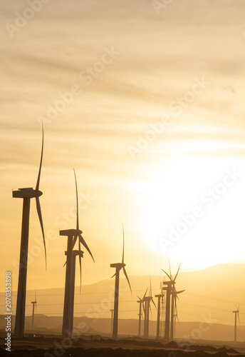 Wind Turbines in Golden Sunset Light with Copy Space