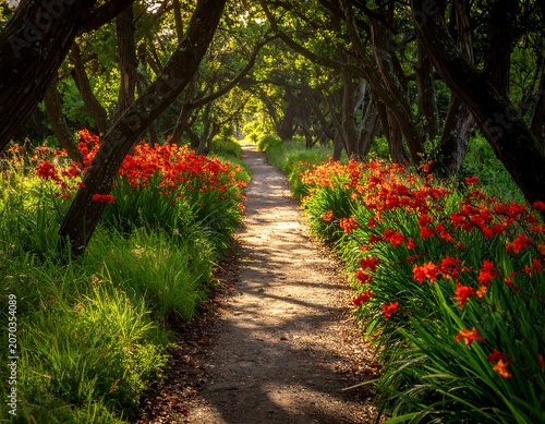 A stone path meanders through a sun-dappled garden, lined with vibrant red flowers and shaded by arching trees. The light shines through