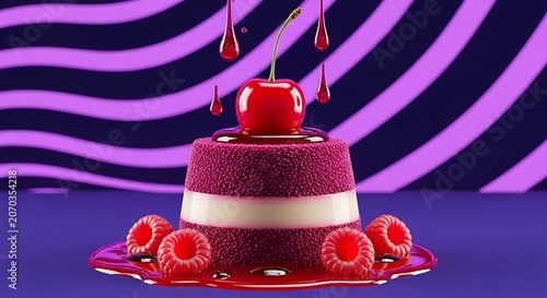 Purple Cake with White Filling and Raspberries on Purple Background with Pink Stripes