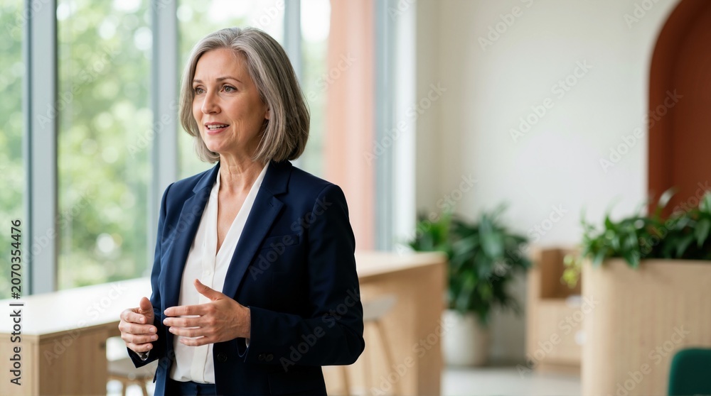 Fototapeta premium Confident senior businesswoman talking and gesturing in a modern office. Mature female executive or manager giving a presentation. Corporate leadership concept