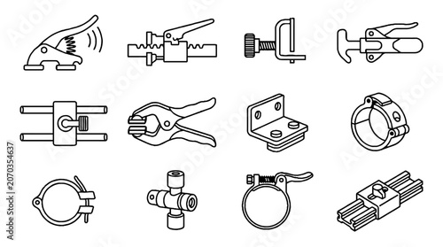 Collection of industrial clamp and fastener line icons for engineering and construction projects.