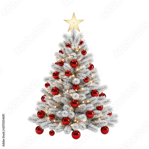 Glowing white christmas tree with red ornaments and a golden star