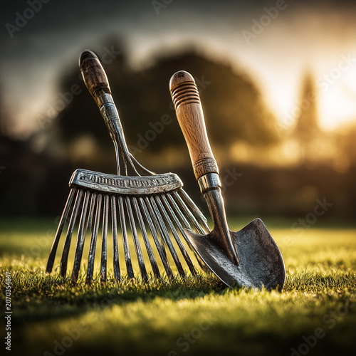 Vintage gardening tools: small rake and garden shovel on natural defocused background