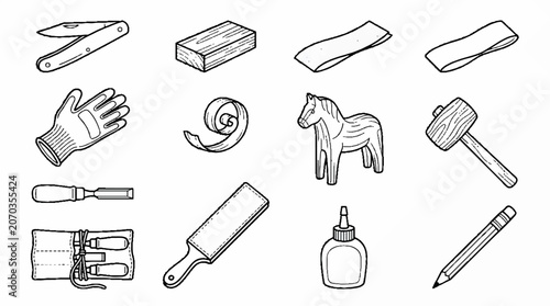 Hand drawn woodworking tools and equipment collection in black and white line art style.