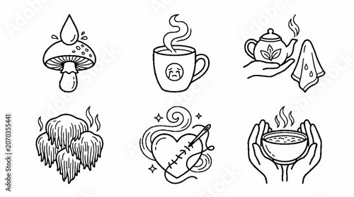 Hand drawn black and white wellness icons featuring mushrooms tea and healing symbols.