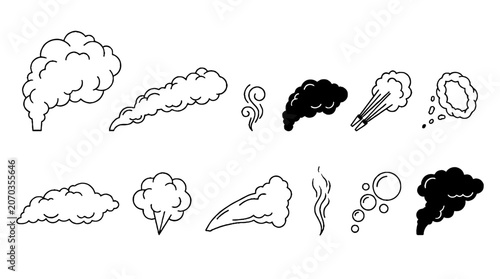 Hand drawn comic smoke and steam clouds set in black and white line art style.