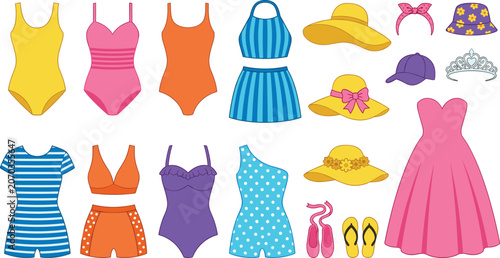 Obraz na plátně Summer beachwear and fashion vector set featuring swimsuits bikinis sun hats dre