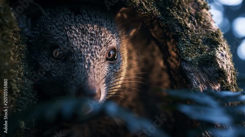 Small Dark Forest Mammal Peeking from a Hollow Tree