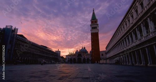 Piazza San Marco with the campanile at dawn in Venice, Italy
