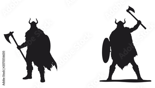 Viking warrior silhouette set with axe and shield in battle poses isolated on transparent background.