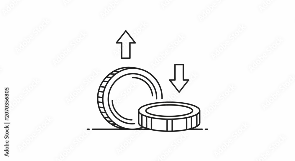 Obraz premium Coin Growth and Decline Icon: Up and Down Arrows Symbolizing Financial Market Trends
