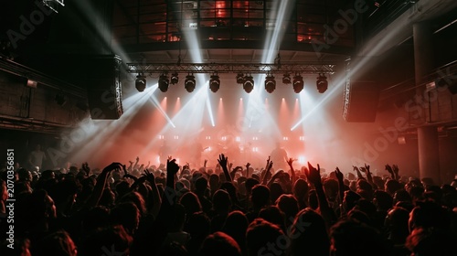 A vibrant music concert crowd with confetti creates an energetic festival visual emphasizing live performance, stage lighting, and celebration atmosphere.