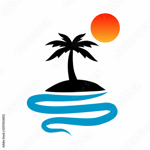 Tropical island vector icon with palm tree sun and waves