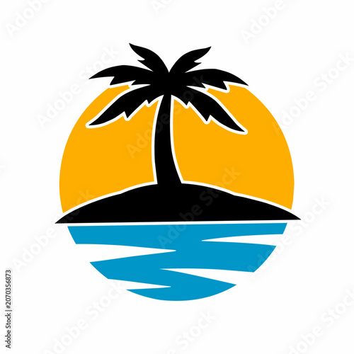 Tropical Palm Tree Island Sunset Logo Icon Vector