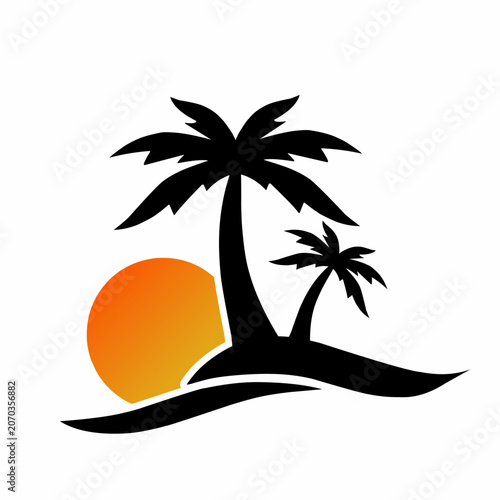 Tropical Island Silhouette with Palm Trees and Orange Sun