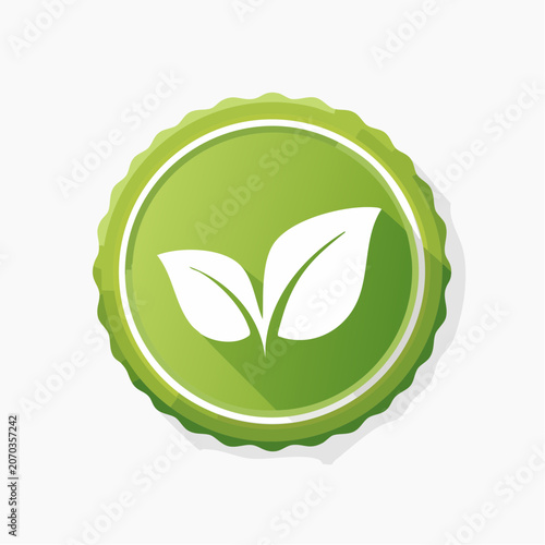 Green circular emblem with two white leaves and long shadow