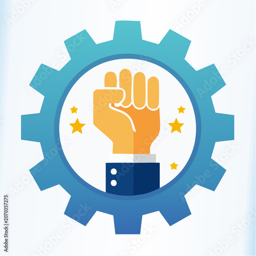 Fist Raised Inside Gear Symbolizing Strength, Power, and Industrial Achievement