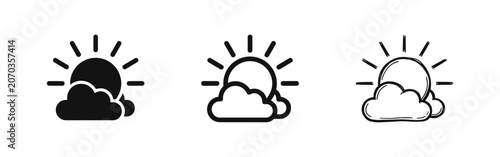 Fotografie Sun and cloud weather icon set in glyph, outline, and sketch style
