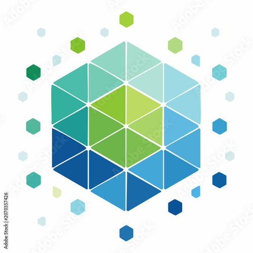 Abstract geometric hexagon design with interconnected triangles and small hexagonal shapes in cool colors