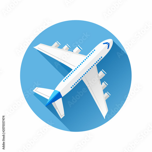 Modern passenger airplane illustration with stylized wings and engines flying against blue sky background