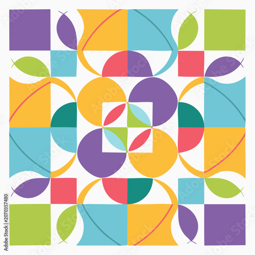 Vibrant Abstract Geometric Pattern with Circles Squares and Arcs in Retro Colors
