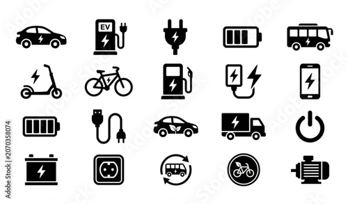 Bild auf Leinwand Black and white electric vehicle icon set with EV charging stations batteries an