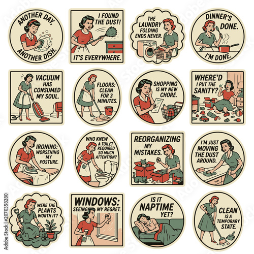 Foto Housewife Retro Comic Illustrations Showing Daily Domestic Chores and Relatable