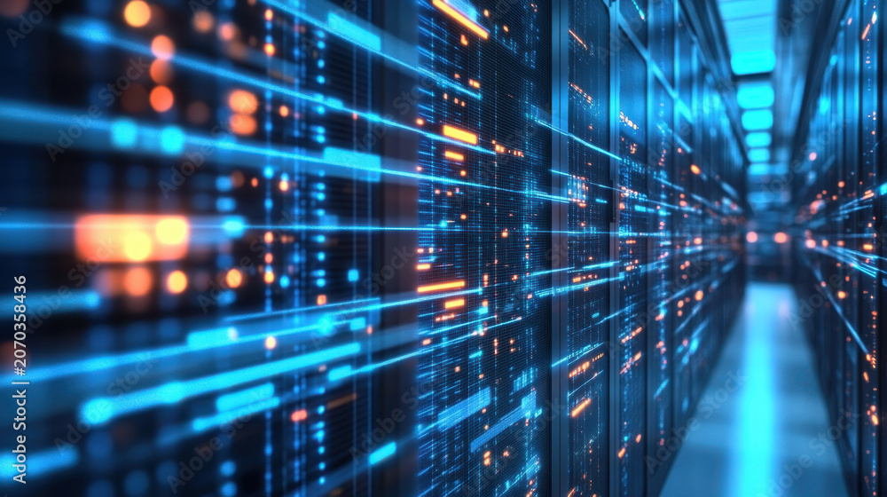 Fototapeta premium Data center corridor digital network server rack blue light glowing line cyber security firewall cloud storage information technology hardware system