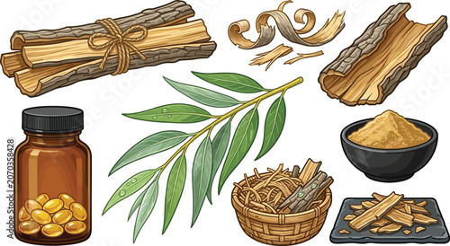 Foto Slippery Elm Collection with Bark Leaves Powder Herbal Extract Capsules and Medi