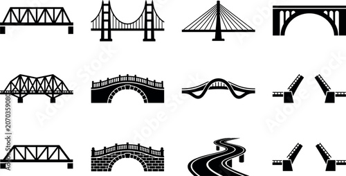 Bridge vector silhouette icon set featuring modern highway overpasses, open bascule drawbridges, truss structures, and traditional stone arch designs.